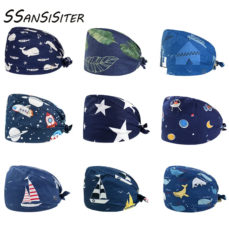 

Scrub Caps Women Cartoon Printed Hats Cotton Sweatband Nursing Cap Beauty Salon Working Hats Men Adjustable Bandage Workwear