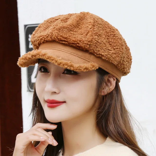 Winter Women's Cap Ladies Octagonal Hat Beret Lambswool Plush Warm Outdoor Female Visor Soft High Quality BT0057 Orange
