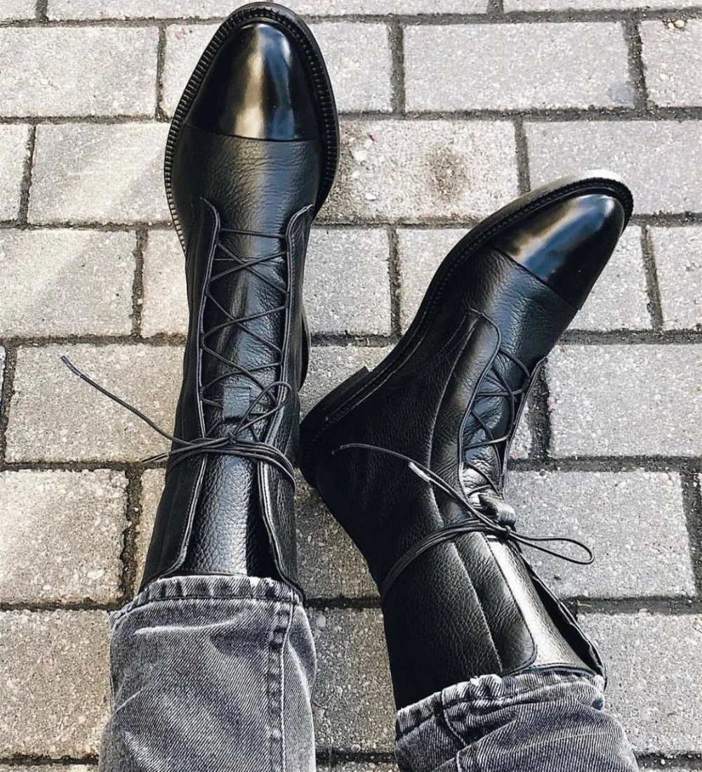 Lace-up black motorcycle bottes femme flats pointed toe martin boots mid-calf cool girls botas mujer slim fashion knight booties