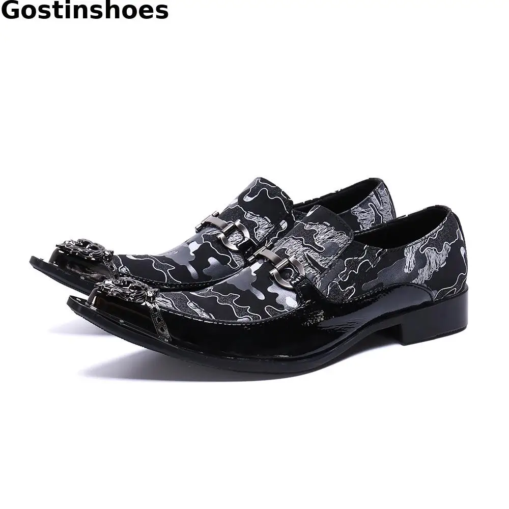 

Printed Genuine Leather Men Casual Shoes Steel Cap Toe Men Leisure Shoes Fashion Men's Loafers Black Large Size