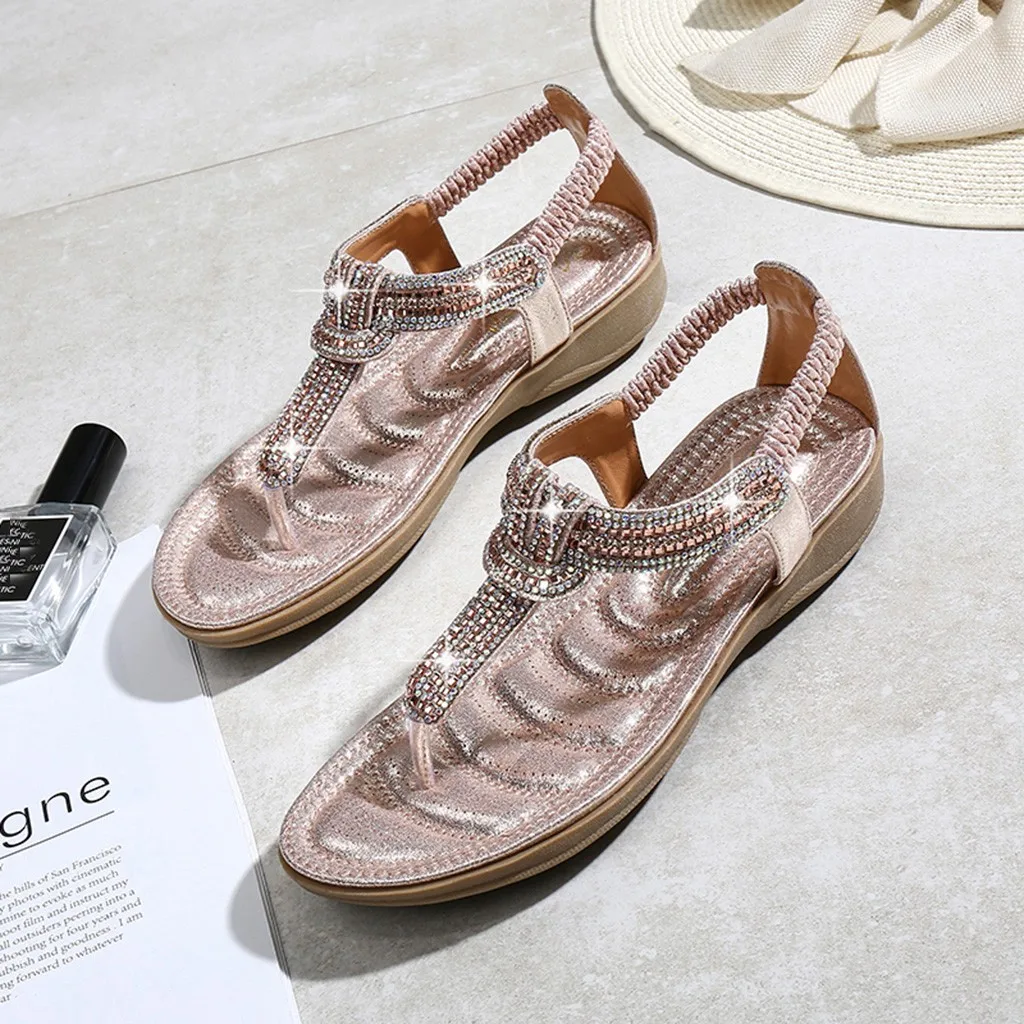 FashionSummer Для женщин Босоножки в богемском стиле с украшениями в виде кристаллов плоский сандалии пляж повседневная обувь с ремешками; без застежки; на плоской подошве; Sandales Femme