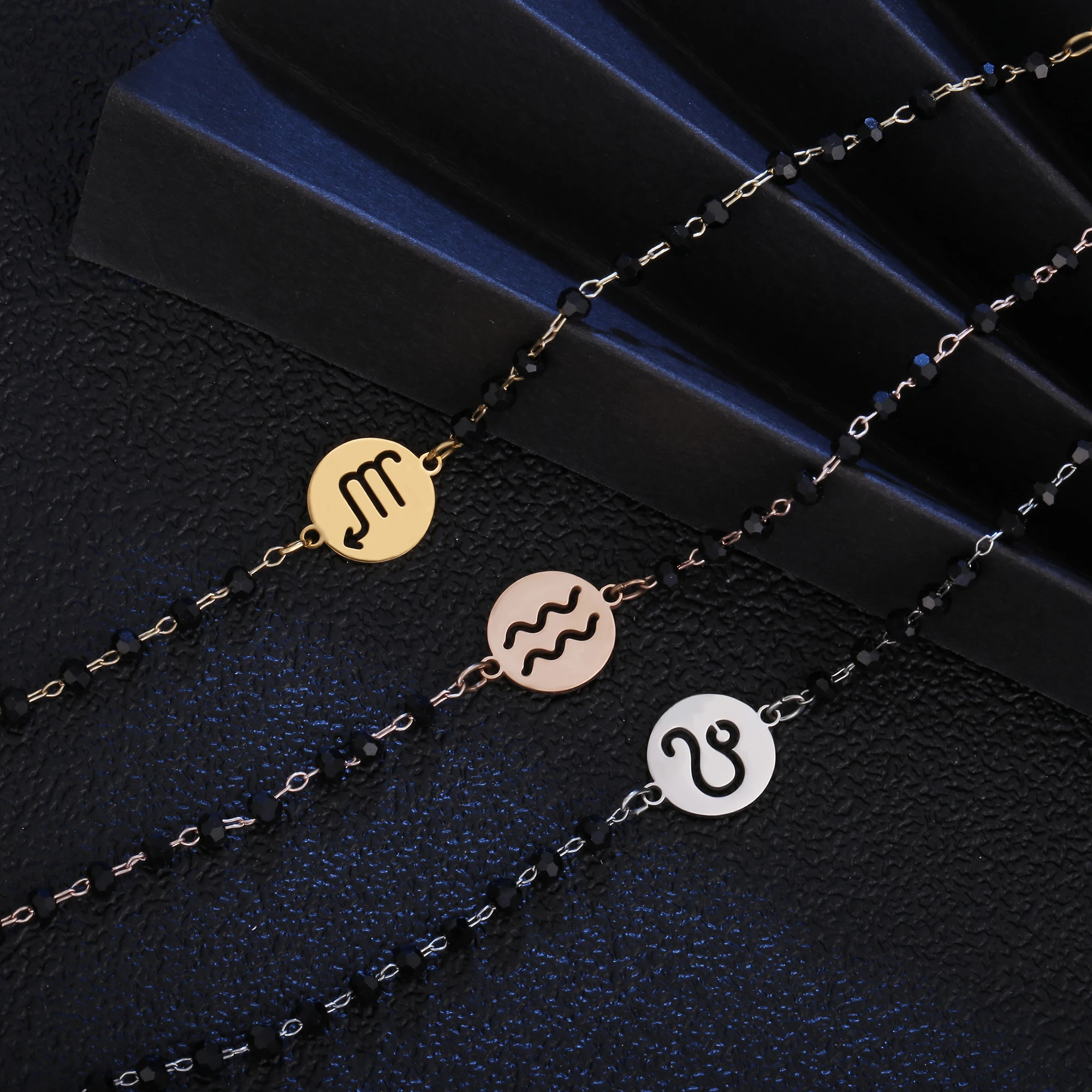 Stainless Steel Round Hollow 12 Constellation Zodia Sign Bracelet For Women Crystal Beads Chain Bracelet Gold Fashion Jewelry
