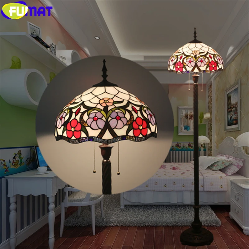 FUMAT Tiffany Floor Lamp Gemstone Morning Glory Creeper Stained Glass Lampshade Multe Color Light European Retro Style Alloy Fram Dia 16 Inch Lamps 12