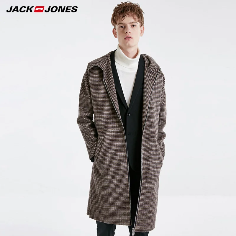 JackJones осеннее и зимнее клетчатое с капюшоном Мужское пальто средней длины шерстяное | 219127501