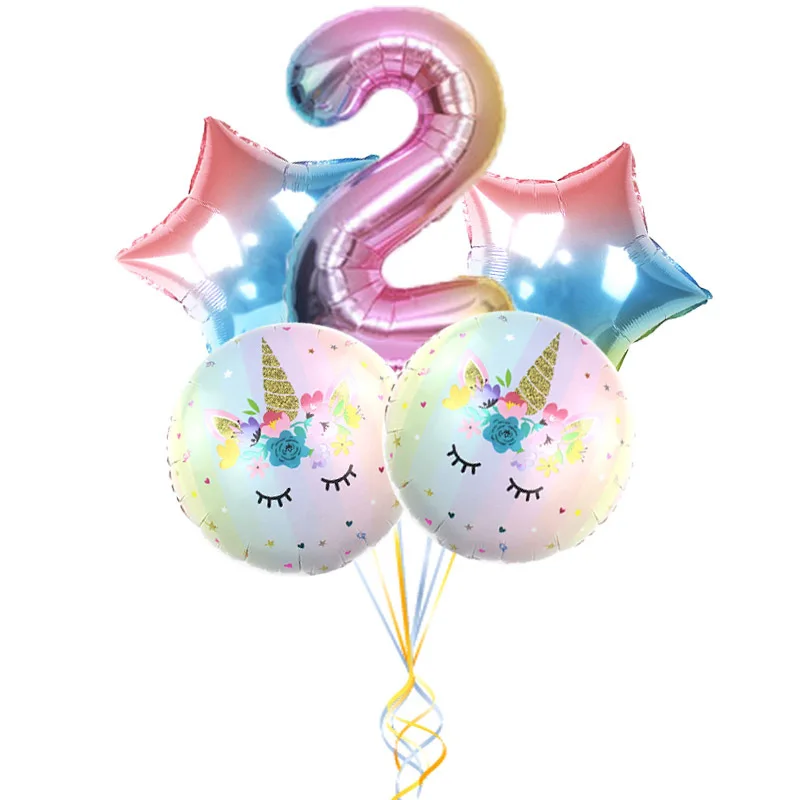 

5pcs/set Unicorn Rainbow Gradient Color Digital Balloon Five-pointed Star Balloon Birthday Decoration and Arrangement Gift