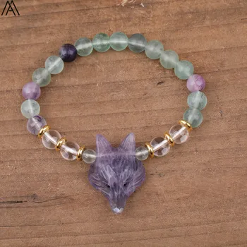 

8mm Round Rainbow Fluorite Beads Amethysts Quartz Fox Head Handmade Elastic Bracelet Boho Mala Bracelet Jewelry N0311AMBE