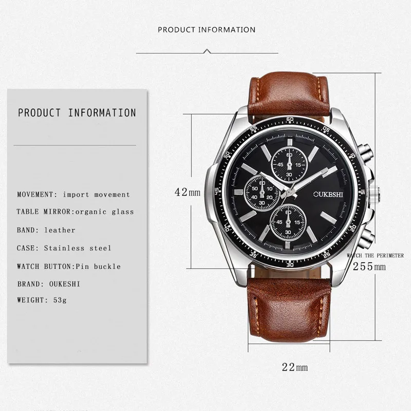 High-end Men's Watch British Style Leather Strap Quartz Large Dial Business Retro Simple Male wrist watches jam tangan pria