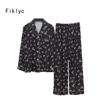 

Fiklyc underwear letter print sexy women's night wear long pants black color faux silk sleepwear pijamas pajamas sets HOT