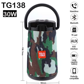 

High power 30W portable bluetooth speaker TG138 wireless waterproof stereo subwoofer column Sound system loudspeaker with AUX TF