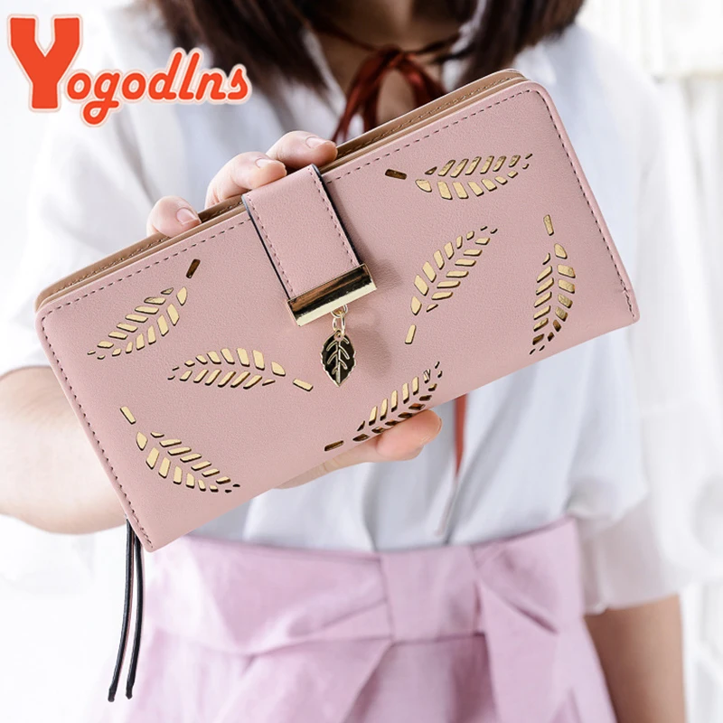 Leaf Hollow Wallet Female PU Leather Handbag Long Zipper Clutch Card Holder Coin Purse Multi-layer Phone Bag