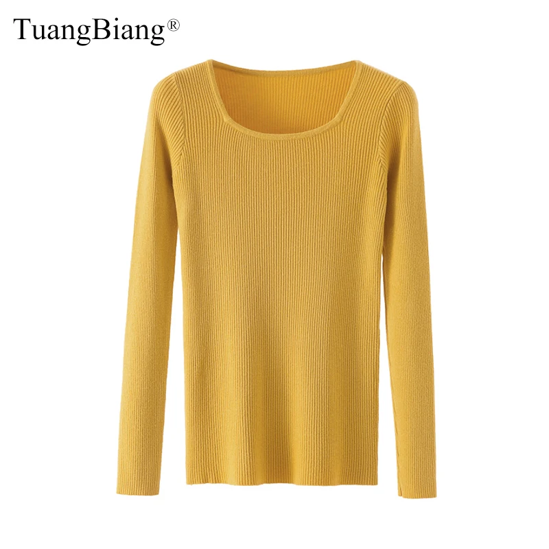 

Sexy Square Collar soft Pullovers Ladies 2019 New Basic Sweater Yellow elasticity Long Sleeve Women Sweaters Autumn Winter Tops