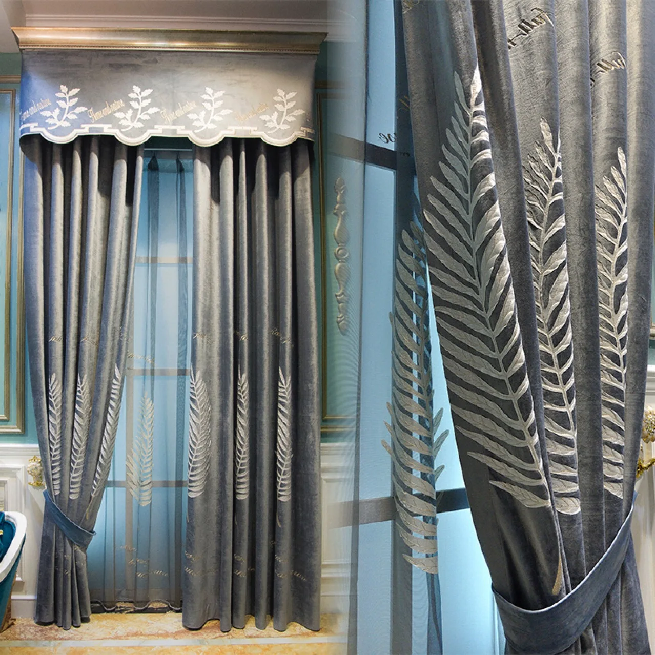 

Light Luxury Embroidered Curtains for Living Dining Room Bedroom Simple European Style Windows Blackout Velvet Curtain