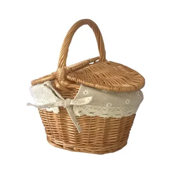 

Handmade Woven Rattan Basket With Handle And Double Lids Camping Picnic Food Storage Container Organizer
