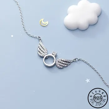 

925 Sterling Silver Cute Ring Shape Necklace Gold Color Plated Chain Cubic Zirconia Wing Pendant Collares Necklaces for Women