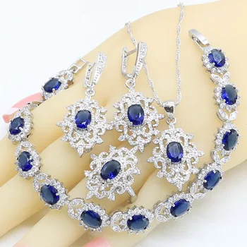 

Silver Color Bridal Jewelry Sets for Women Blue Crystal Bracelet Earrings Necklace Pendant Ring Wedding Gift Box