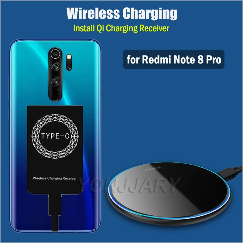 Qi Wireless Charging Receiver for Xiaomi Redmi Note 8 Pro 6.53'' Wireless Charger Dock USB-C Charging Adapter Gift Phone Case
