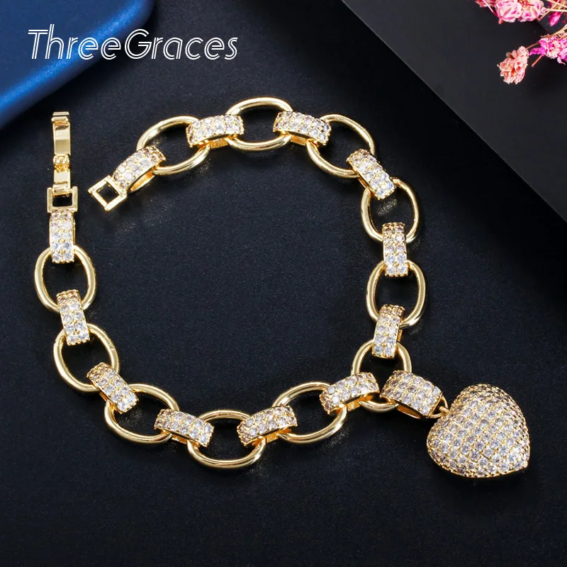 ThreeGraces трендовые изысканные браслеты с сердечком и микро фианитами из желтого золота для женщин, роскошные аксессуары для повседневной носки, подарок BR107