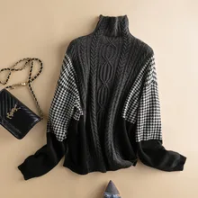 

SHUCHAN 100% Wool Sweater Winter Autumn Warm Long Sleeve Turtleneck Patchwork Vintage Pullover A-straight Sweaters for Women