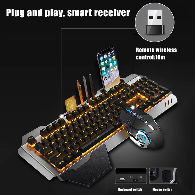 Новая игровая клавиатура мышь набор аккумуляторная беспроводная клавиатура с красочной световая мышь с 4 регулируемыми dpi DOM668