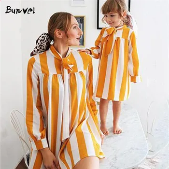 

bunvel Autumn Mother and Daughter Dress Long Sleeve Yellow Striped Baby Dresses Girl Mother Daughter Dresses Vestidos f