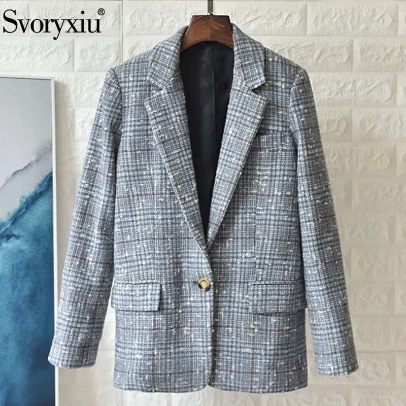 

Svoryxiu Designer Autumn Winter Wool Blend Plaid Blazers Jackets Women's Fashion Single Button Office Lady Outwear Coat