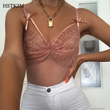 

Pretty Lace Transparent Bodysuits for Women Sexy Bow Mesh See-through Bodycon Dress Female Body Suits Ladies Clothes Black Pink