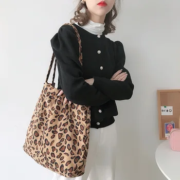 

Vintage Women's Corduroy Tote Shoulder Bags For Women 2020 Leopard Print Ladies Shopping Bag Eco Folding Reusable Shopper Bag