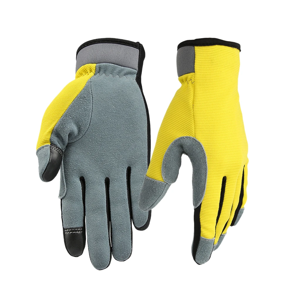 Flexible Light Utility Gloves with Genuine Leather Palm and Sensitive Touch Screen Fingertips Breathable Gloves for Working DIY