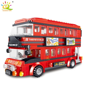 

HUIQIBAO 398Pcs Red Double Decker Bus Building Blocks City Street View Figures Bus Car Vehicle Bricks Toys Children Gifts