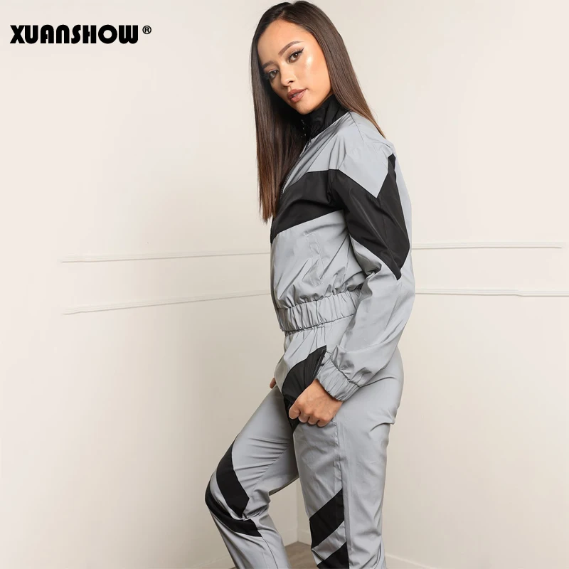 Женский светоотражающий спортивный костюм XUANSHOW укороченный топ на молнии и