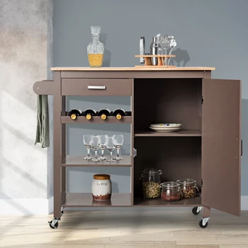

Costway Kitchen Island Trolley Cart Wood Top Storage Cabinet w/ Wine Rack & Shelf Brown