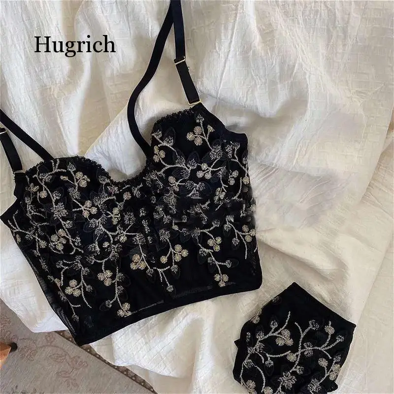French White Floral Embroidery Romantic Thin Cup with Pad Women Sexy Push Up Underwear Bra Sets Adjustable Lengthen Set