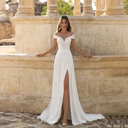 Beach Muslim Wedding Dresses A-line Scoop Cap Sleeves Chiffon Lace Slit Boho Wedding Gown Bridal Dress Vestido De Noiva