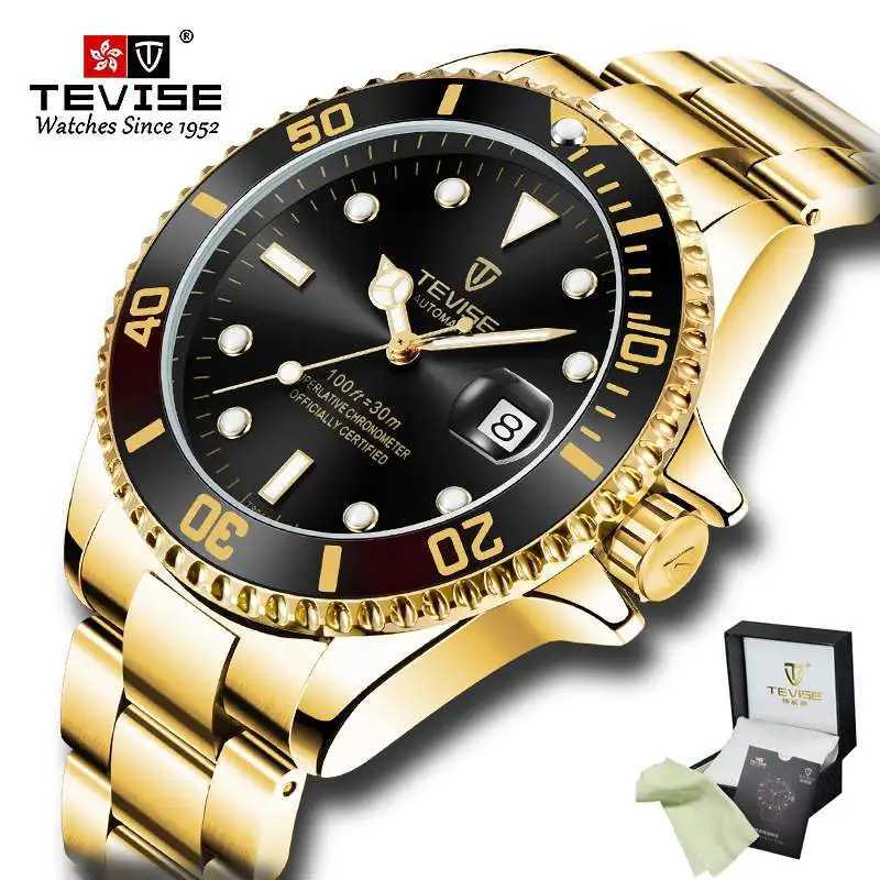 

Drop shipping TEVISE Men luxury automatic watch Men Golden Stainless steel Mechanical Watch with box relogio masculino