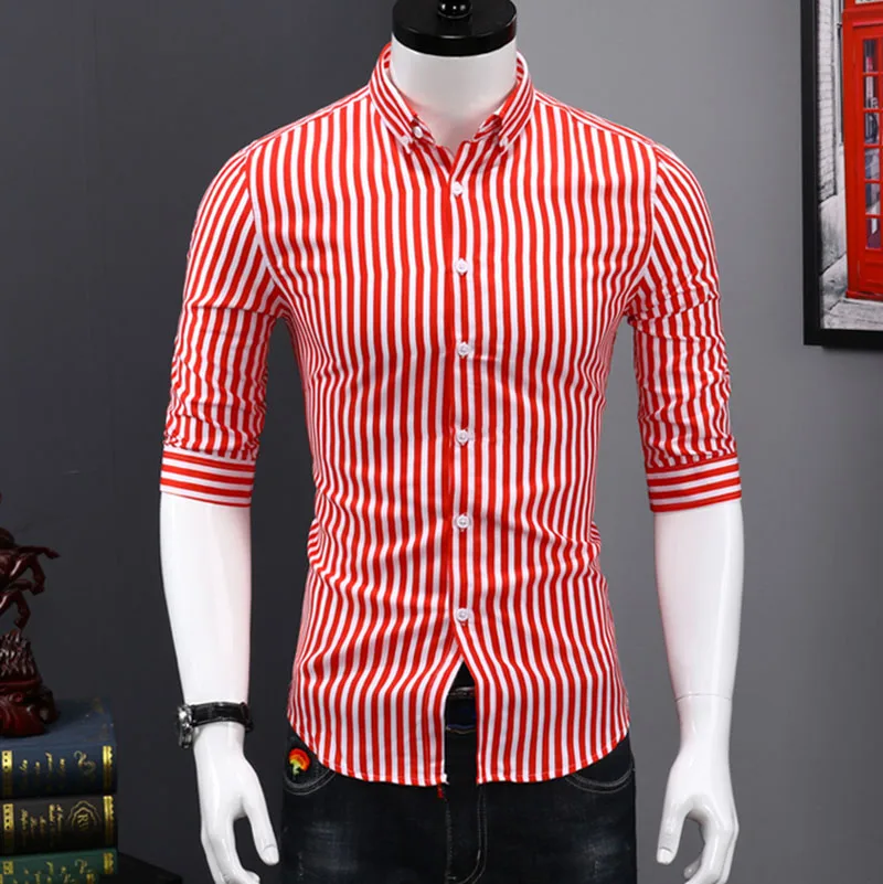 Европейская летняя мужская рубашка тонкий короткий рукав полосатый Slim Fit рубашки мужские повседневные Модные уличные Camisa Masculina брендовая