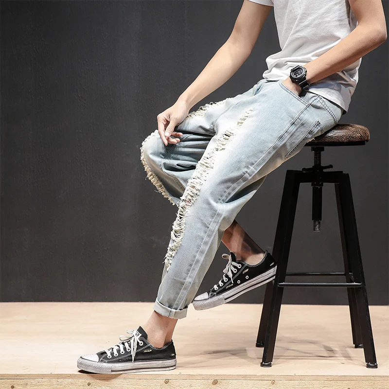 Zomer Mannen Losse джинсы Mode Lente зауженные повседневные джинсы Mannen Persoonlijkheid Gat джинсы Broek Homme