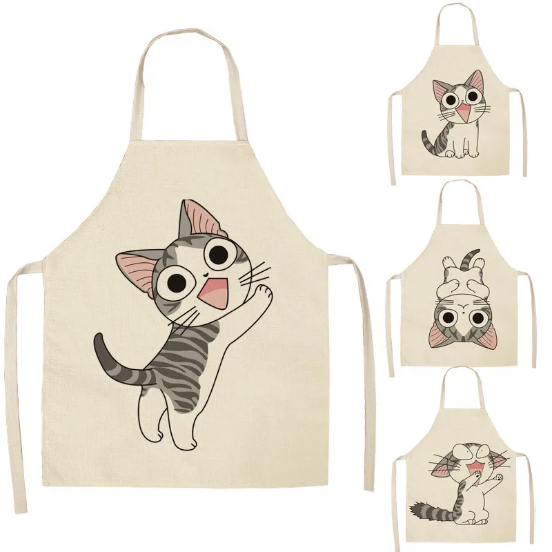 1 Pcs Kitchen Apron Animals Cute Cartoon Cat Sleeveless Cotton Linen Aprons for Women Home Cleaning Tools