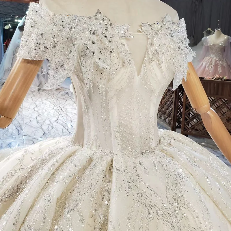 HTL1895 Luxury Beading And Sequins Wedding Dress 2020 Short Sleeve Lace Up Back Deep V-Neck Off The Shoulder 5