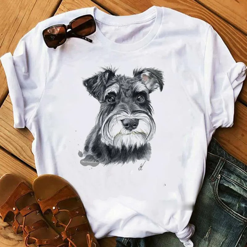 Schnauzer/Seyur/Yorkshire Terrier/Chihuahua/Retriever/Pomeranian/Papillon Cane Vintage Ritratto Stampa T-Shirt Estiva Da Donna
