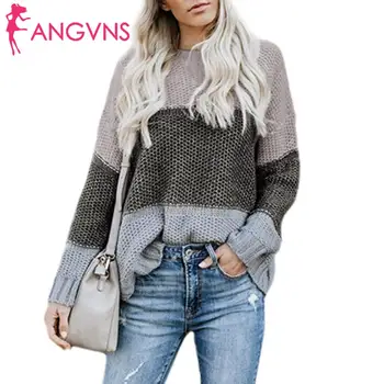 

Women Casual O-Neck Long Sleeve Patchwork Loose Pullover Regular Spring, Autumn Knitted Sweaters