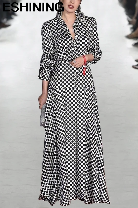 

2020 Spring models fashion lapel Heavy fight was thin wave point stripe printing single-breasted long lace dress women