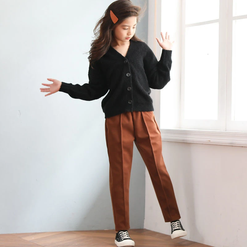 Teenage Girls Pants Woolen Trousers Children Pants Autumn Winter School Kids Clothing Casual Pocket Pant For Teen Girl Khaki