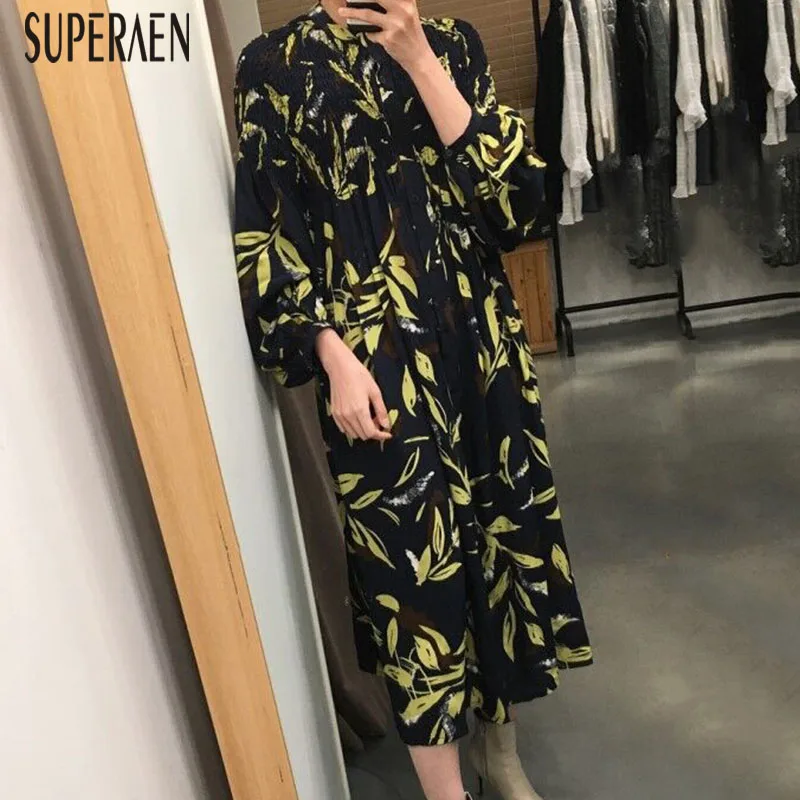 

SuperAen Korean Style Women Dress Cotton Casual New 2019 Ladies Dress Round Neck Single-breasted Autumn Women Clothing