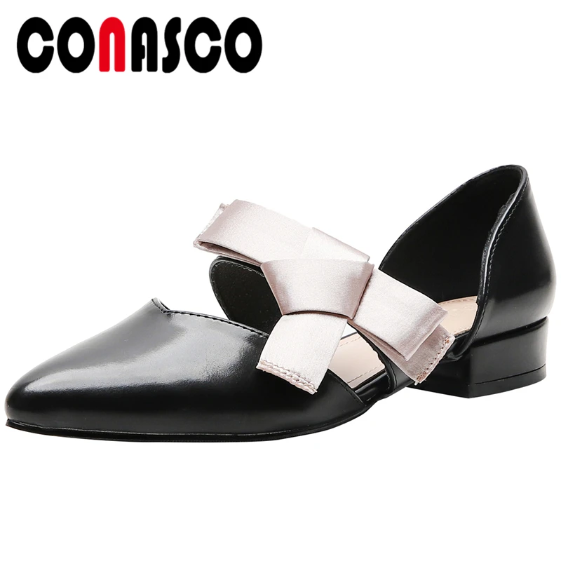 

CONASCO 2020 Spring Summer Concise Casual Woman Cow Leather Pumps Square Heels Pointed Toe Butterfly Knot Shallow Shoes Woman