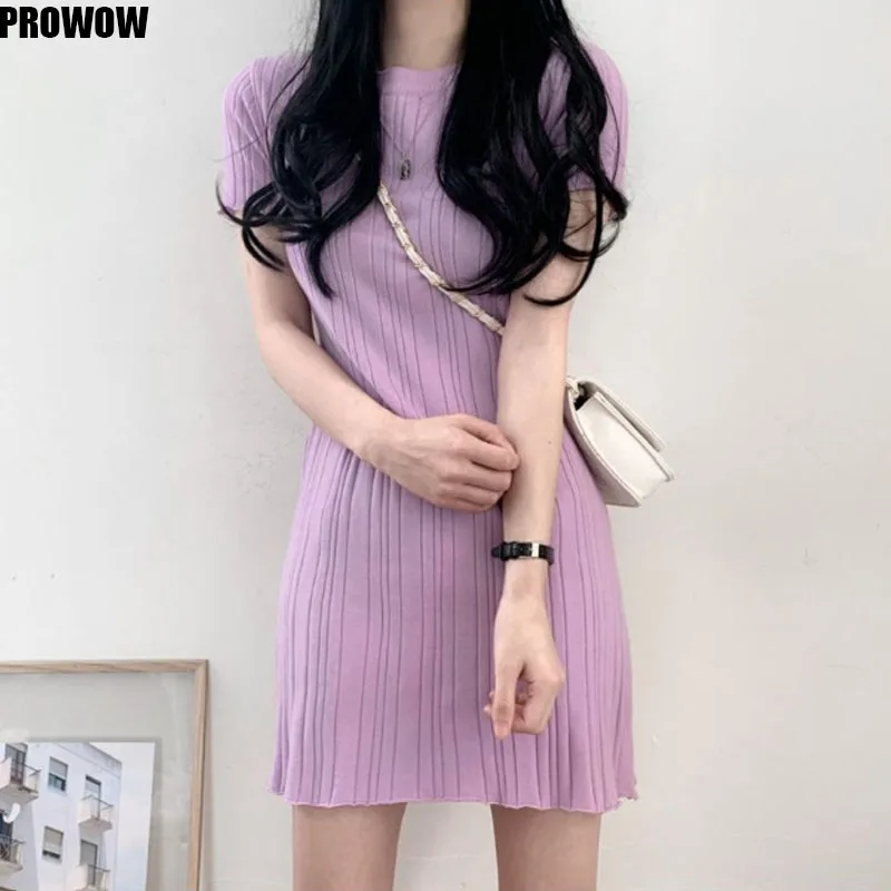 2020 Summer Stripe Knitting Women Dress Korean Retro O Neck Short Sleeve Mini Dress Ladies New Arrival A-Line Dress