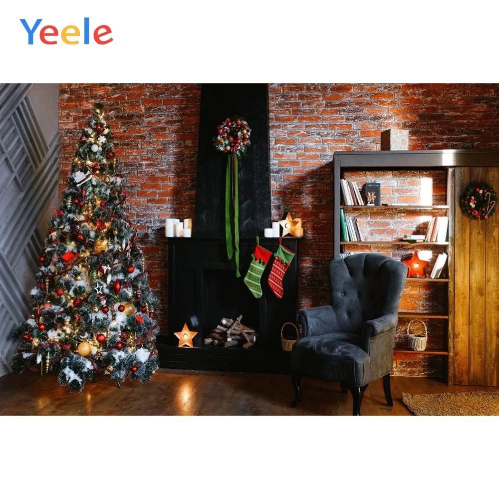 

Yeele Christmas Tree Fireplace Sock Bookshelf Background Vinyl Sofa Vintage Photography Backdrop For Photo Studio Photophone
