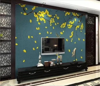 

CJSIR Custom Photo 3D Wallpaper Mural Ginkgo Hand-painted Pen Flower Bird New Chinese Background Wall Decoration Painting Decor