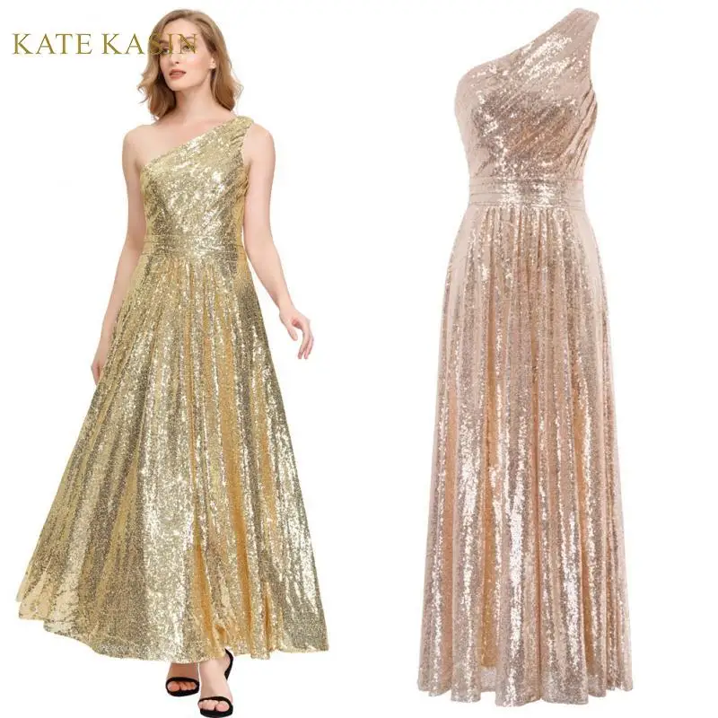 

Kate Kasin Women Stunning Sequined One Shoulder Evening Party Dress Sleeveless Long Maxi Prom Gown Elegant Sequin Dresses 2020