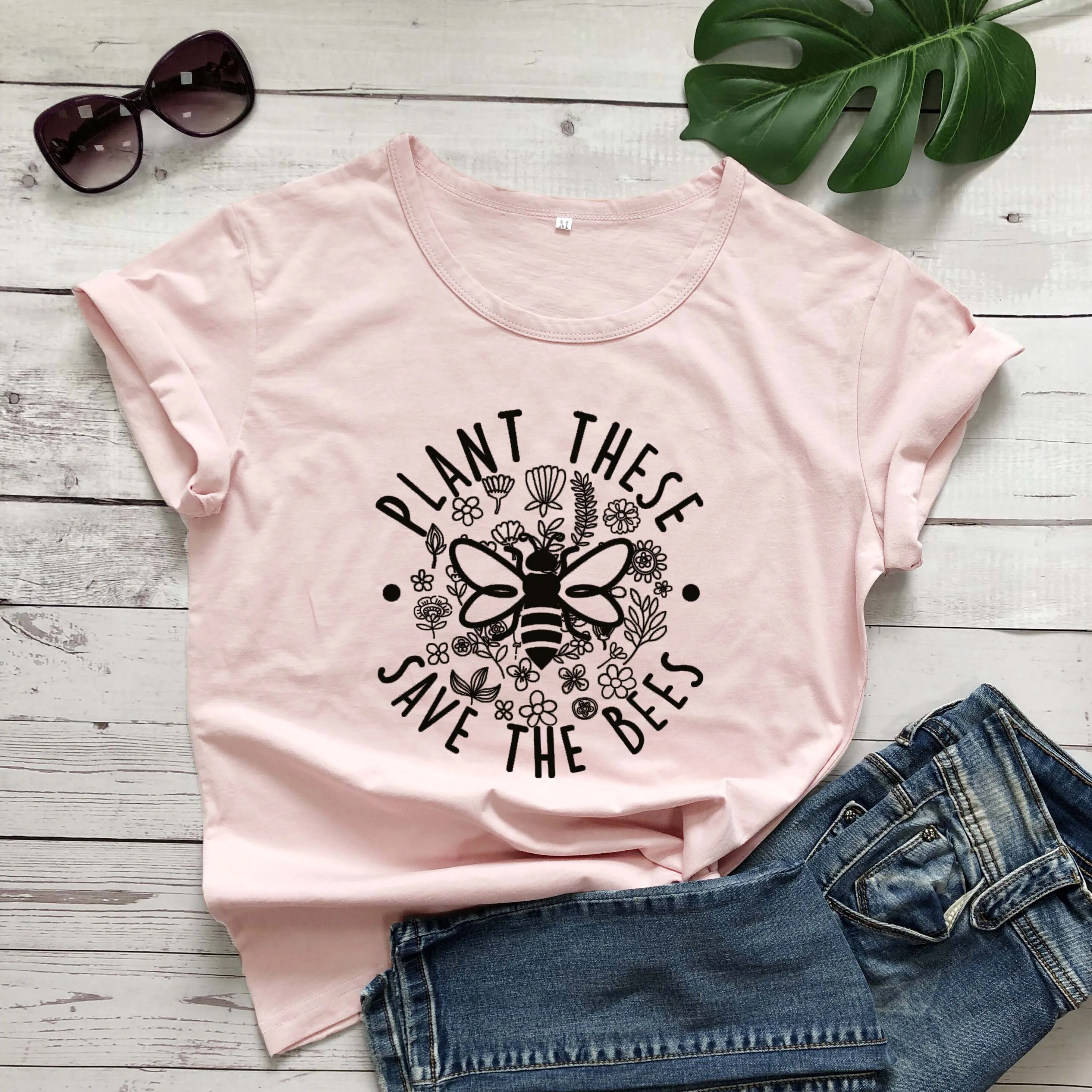 Peach - black txt Растение этих сохранить пчелы Графический для женщин Мода vegan футболка Забавный натуральный хлопок гранж лозунг tumblr футболки для молодых уличных Стиль Топ - Цвет: Peach - black txt