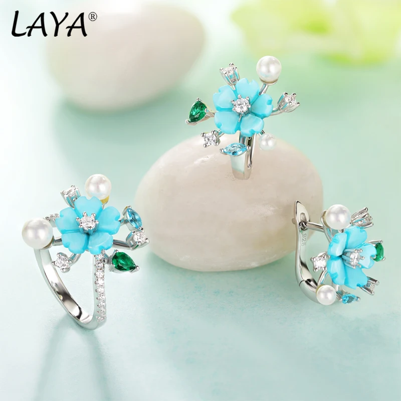 LAYA 귀걸이와 반지  빛나는 지르콘 자연 쉘 꽃 여성 신부 웨딩 럭셔리 쥬얼리
